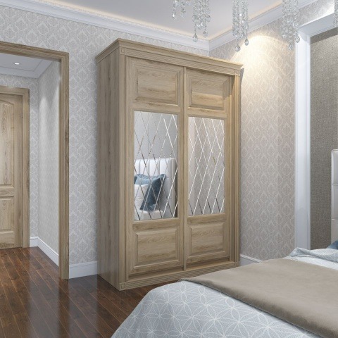 Корпусный зеркальный шкаф-купе из массива дуба в спальне в классическом стиле двухдверный