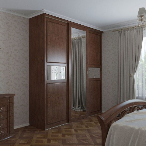 Встроенный шкаф-купе массив дуба с зеркалом трехдверный в спальню в классическом стиле