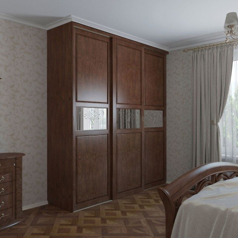 Встроенный шкаф-купе массив дуба с зеркальными вставками трехдверный в спальню в классическом стиле