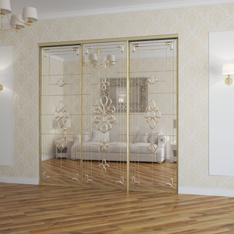 Встроенный зеркальный с хрусталями шкаф-купе трехдверный в гостиную в классическом стиле