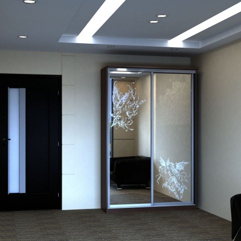 Отдельно стоящий зеркальный шкаф-купе двухдверный в гостиную в современном стиле