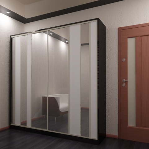 Отдельно стоящий шкаф-купе зеркальный с матовыми вставками двухдверный в гостиную в современном стиле